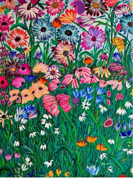 Here Come The Wild Flowers, 2023. Acrylic and gouache on hand-stretched Barcelona linen. 100 x 120 cm. 
